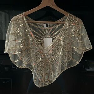Shawls Sequin Beaded Sheer Cover Up Gold Cape Cover One Size 1920s Flapper
